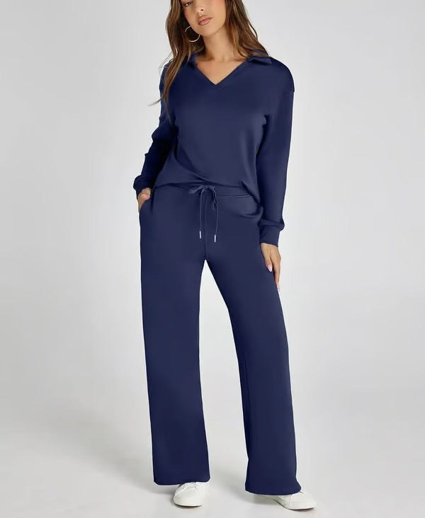 Dames Herfst Outfit: Warme Tweedelige Set met V-Hals Trui en Wijde Broek