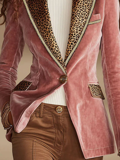 Dames Blazer Fluwelen Luipaardprint Roze Eenknops