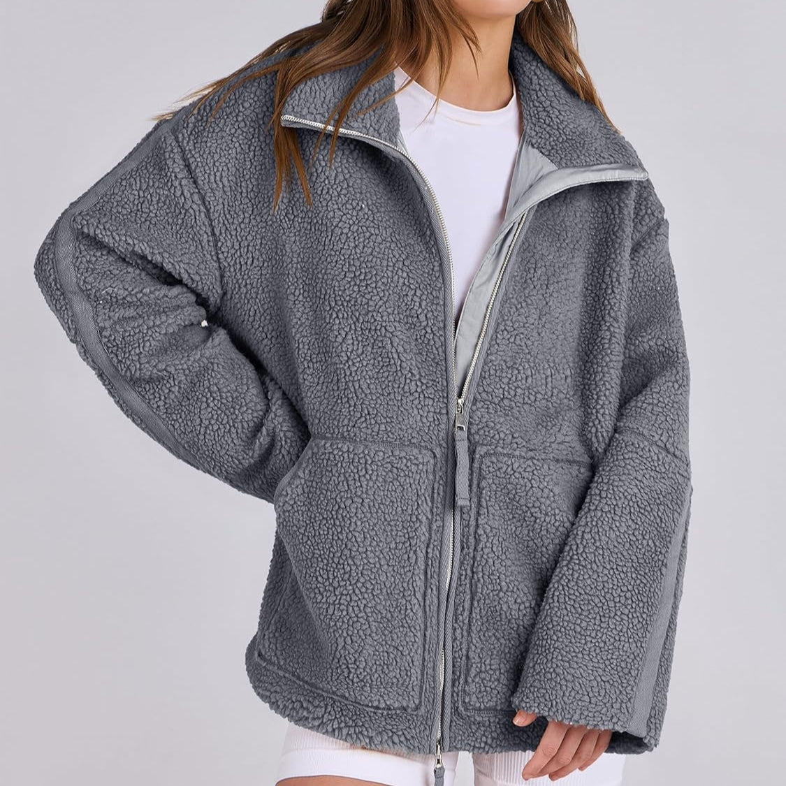 Dames Fleece Jas Warm met Hoge Kraag en Zakken Zwart