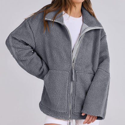 Dames Fleece Jas Warm met Hoge Kraag en Zakken Zwart