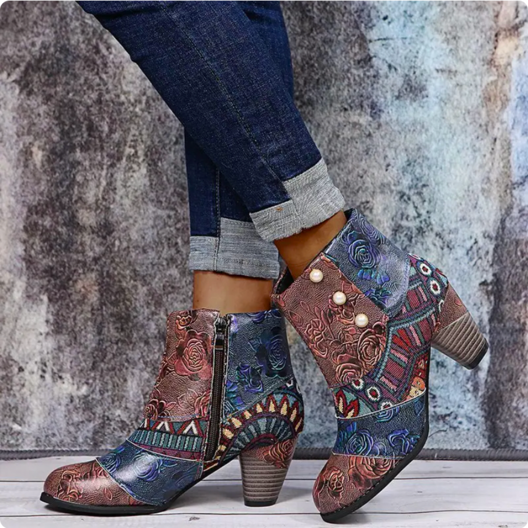 Dames Enkellaarzen met Hak - Kleurrijk Patchwork Design