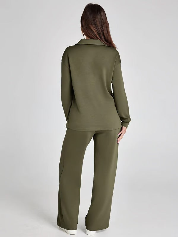 Dames 2-Delige Set met V-Hals Sweatshirt en Wijde Joggingbroek
