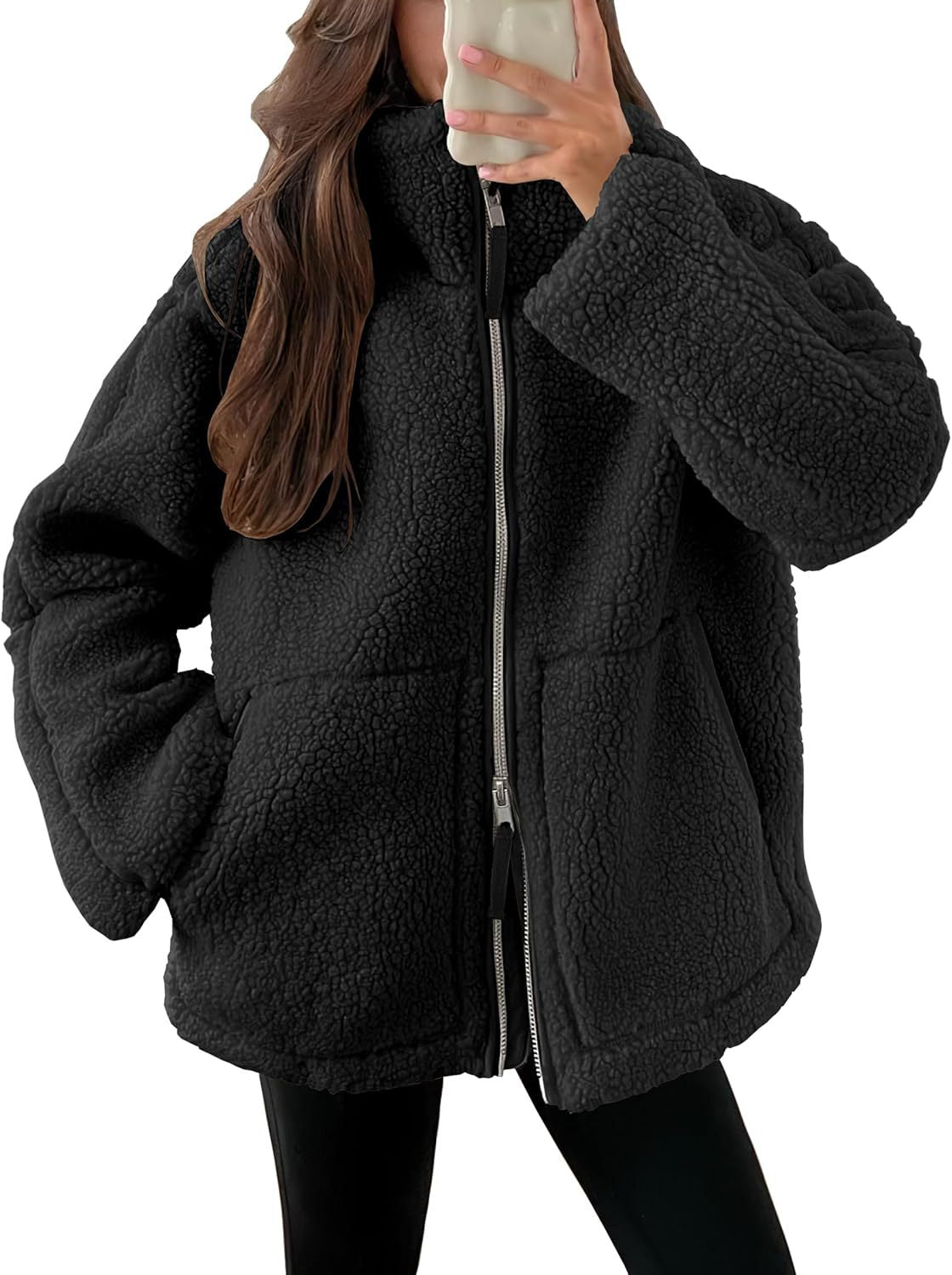 Dames Fleece Jas Warm met Hoge Kraag en Zakken Zwart