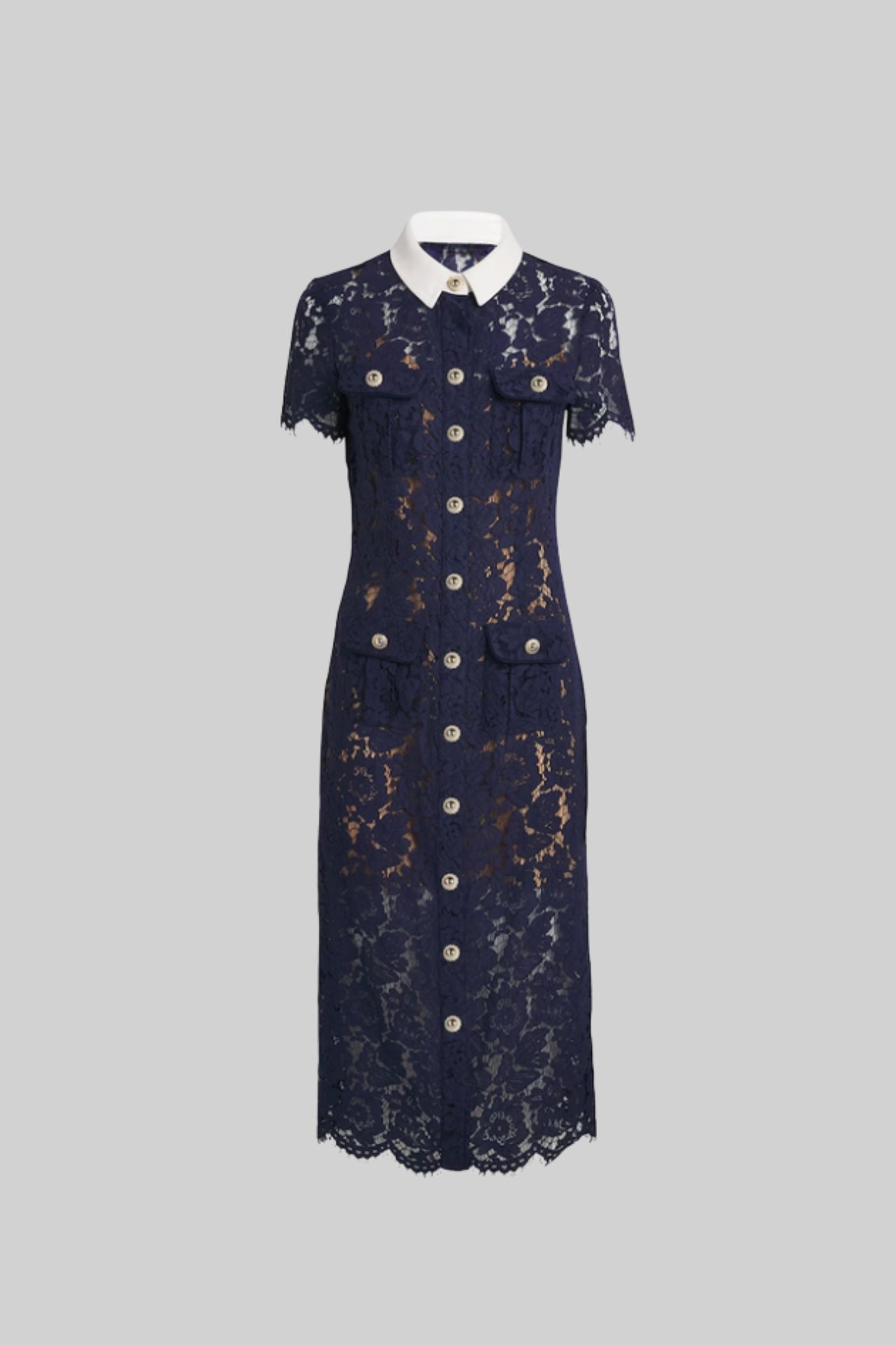 Midi Jurk Dames Marineblauw Bloemenkant met Kraag en Ceintuur