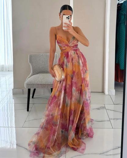 Vrouwen Zomerjurk Bloemenprint Maxi Jurk Diepe Hals - StudioMarella