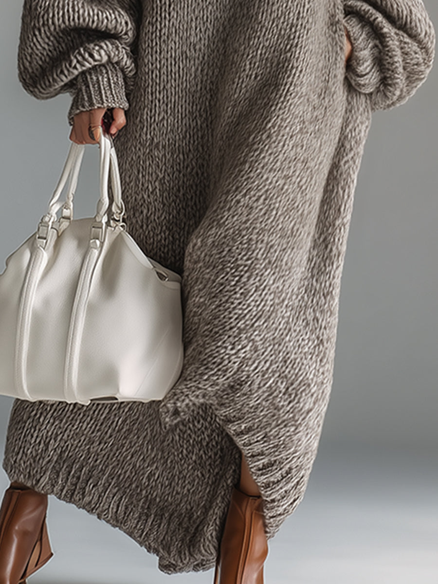 Dames Maxi Jurk Gebreid Rond Hals Gemêleerd Khaki Kleur