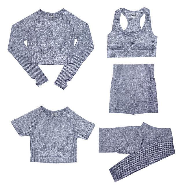 5-delige Sport Set | Dames tops en sportleggings met hoge taille in de kleur Lichtgrijs voor dames in stijl geschikt voor alle seizoenen.