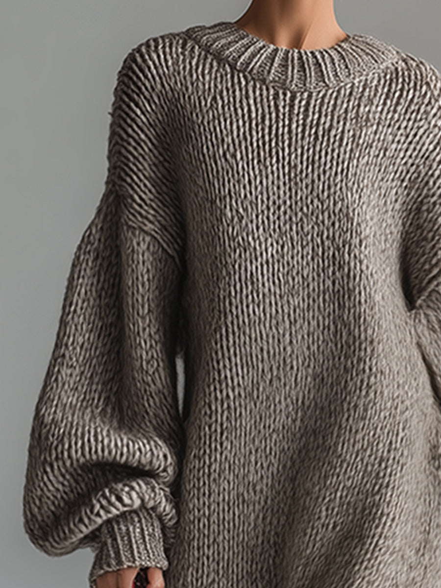 Dames Maxi Jurk Gebreid Rond Hals Gemêleerd Khaki Kleur
