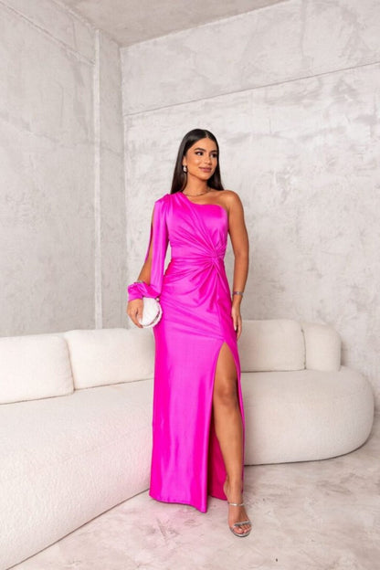 Elegante Avondjurk Satijn Roze Split Jurk Gala