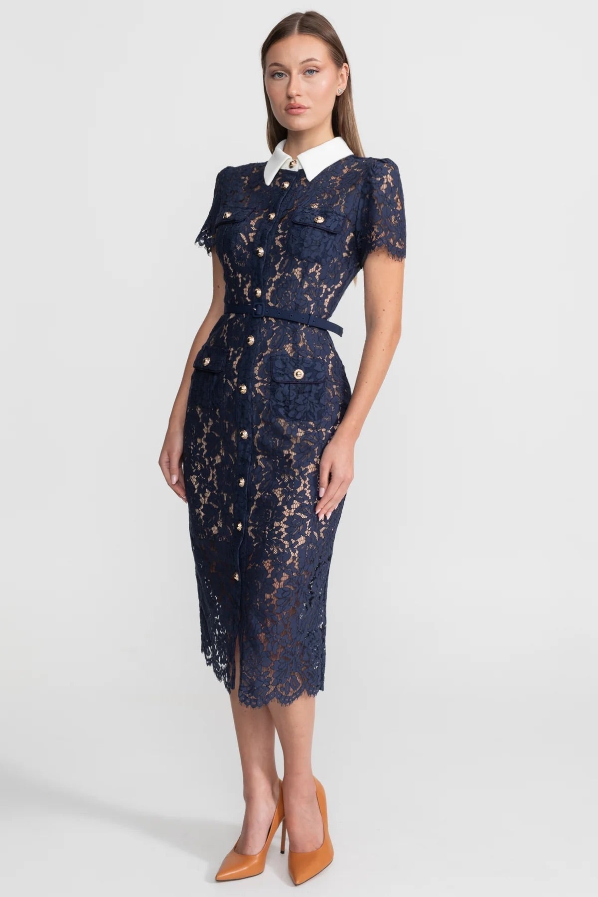 Midi Jurk Dames Marineblauw Bloemenkant met Kraag en Ceintuur
