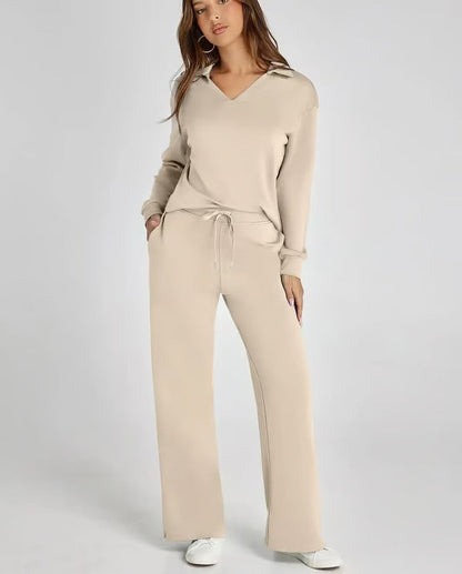 Dames Herfst Outfit: Warme Tweedelige Set met V-Hals Trui en Wijde Broek