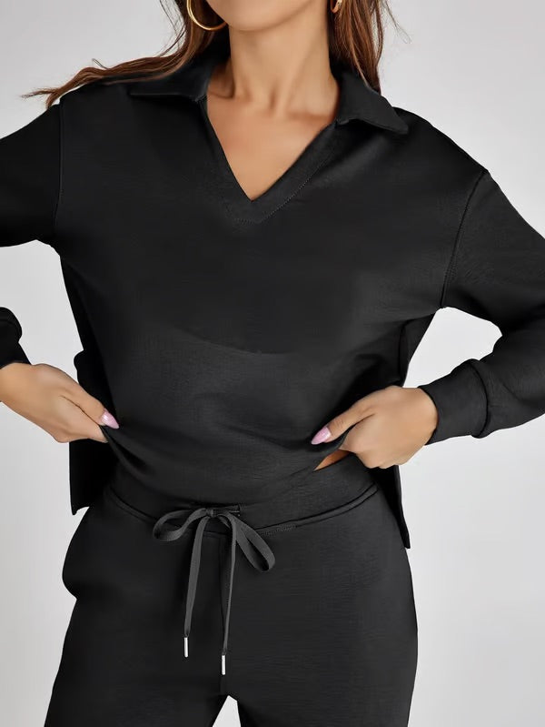 Dames Herfst Outfit: Warme Tweedelige Set met V-Hals Trui en Wijde Broek