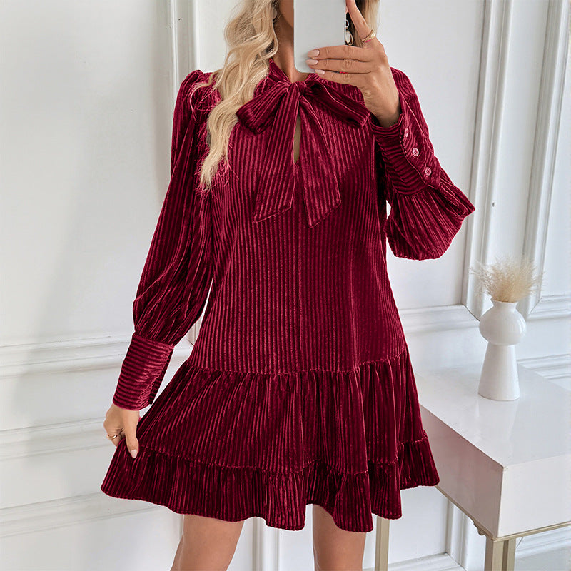 Dames Minijurk Velvet Lange Mouwen met Strik