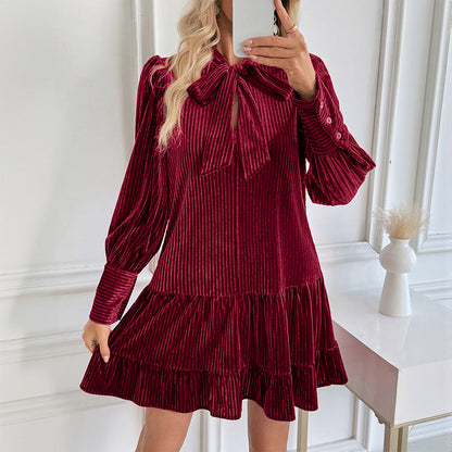 Dames Minijurk Velvet Lange Mouwen met Strik