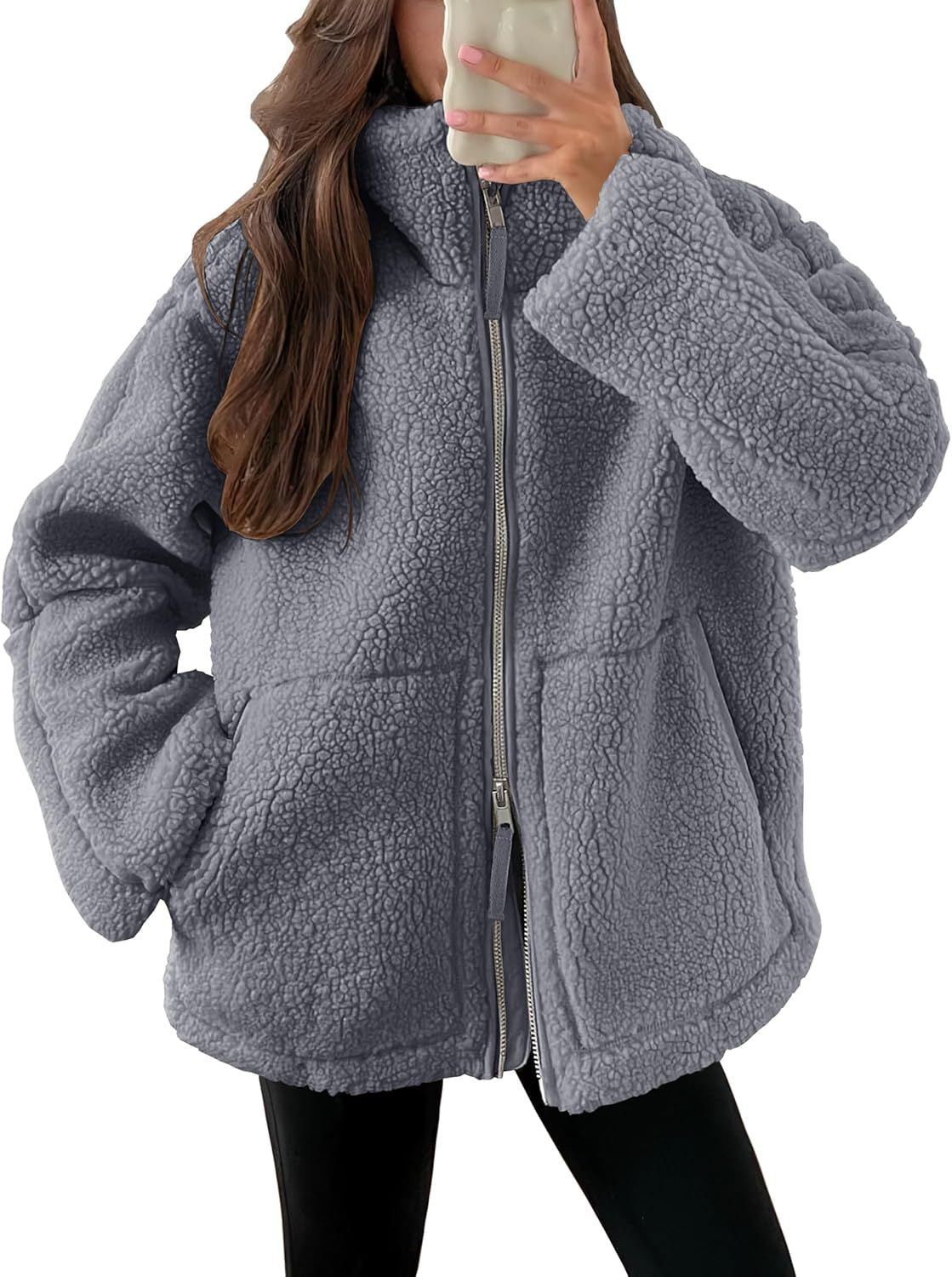 Dames Fleece Jas Warm met Hoge Kraag en Zakken Zwart