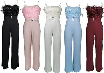 Luxe Jumpsuit Lange Mouwen met Veren Decoratie