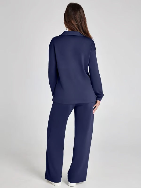 Dames Herfst Outfit: Warme Tweedelige Set met V-Hals Trui en Wijde Broek
