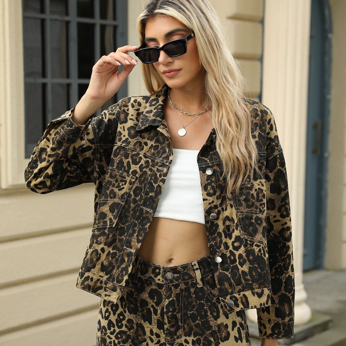 Dames Streetwear Set Leopard Broek en Jas Wijd Model