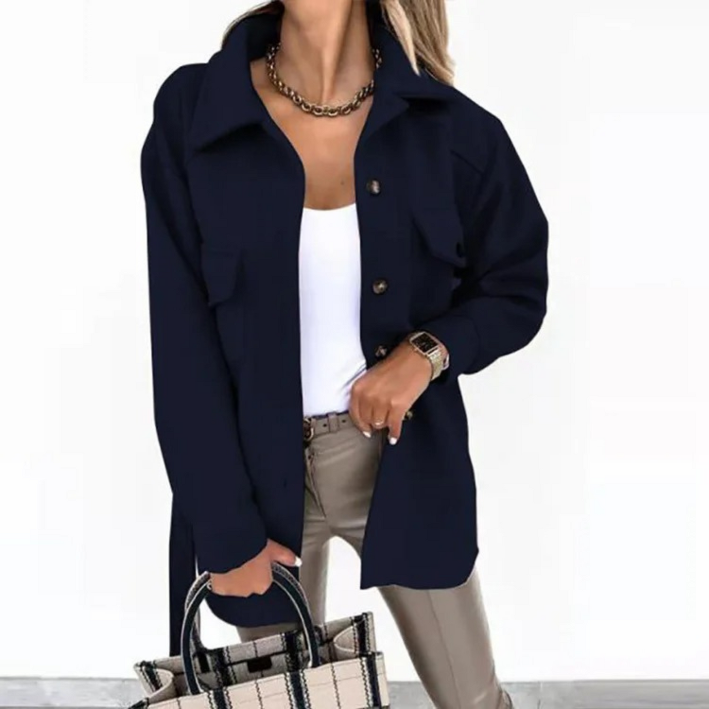 Blauwe Fleece Jas Lange Herenjas Met Kraag
