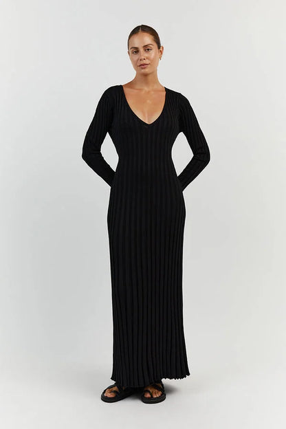 Zwarte Midi Jurk V-Hals Elegante Avondjurk