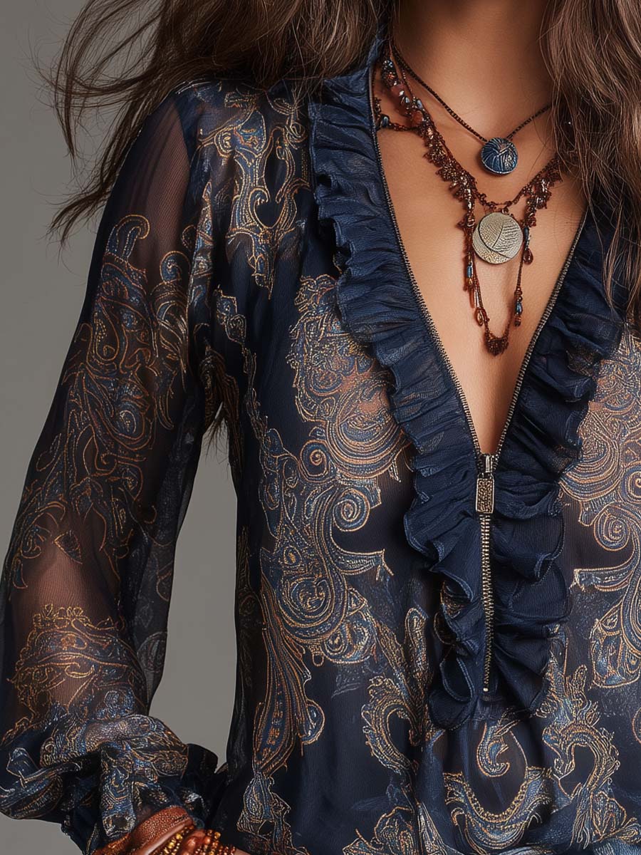 Dames Blouse Chiffon met Paisley Print en Ritsdetail