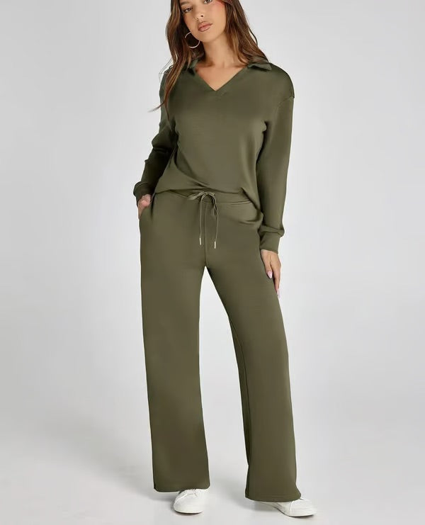 Dames Herfst Outfit: Warme Tweedelige Set met V-Hals Trui en Wijde Broek
