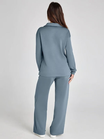 Dames Herfst Outfit: Warme Tweedelige Set met V-Hals Trui en Wijde Broek