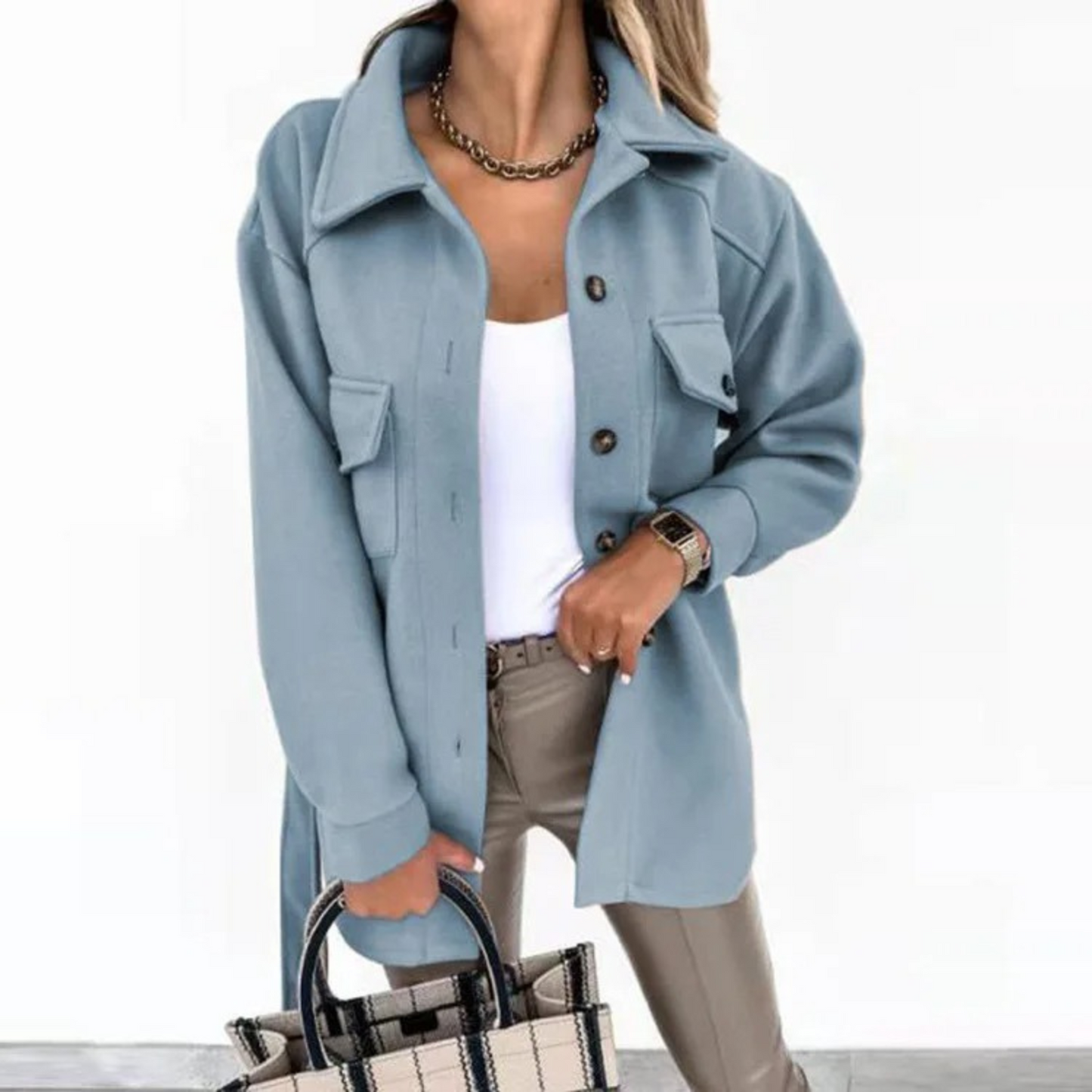 Blauwe Fleece Jas Lange Herenjas Met Kraag