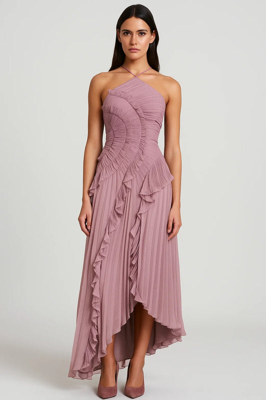 Jurk Dames Maxi Halter Plissé met Ruches Zomerjurk Elegant - StudioMarella