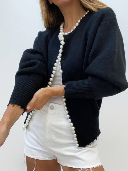 Talicia Cardigan Met Gefranste Rand en Parelmoeren