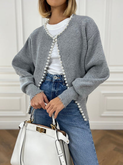 Talicia Cardigan Met Gefranste Rand en Parelmoeren