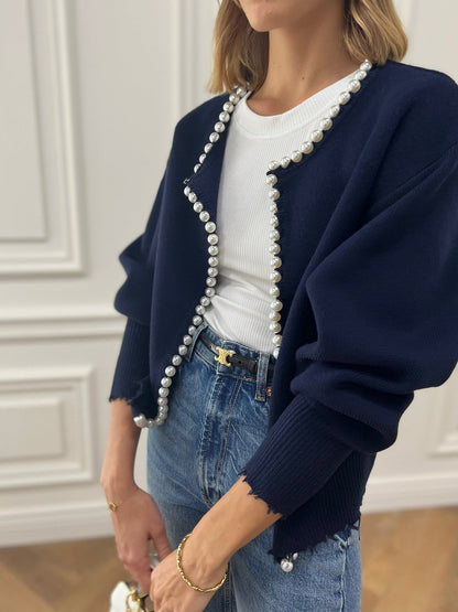 Talicia Cardigan Met Gefranste Rand en Parelmoeren
