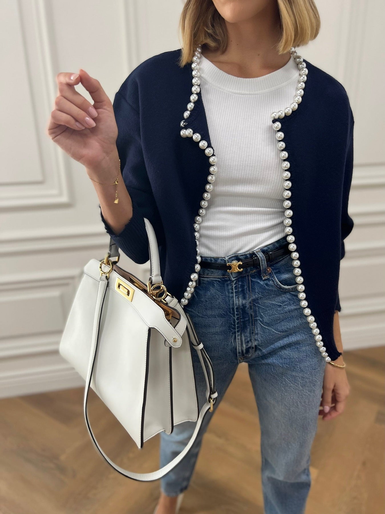 Talicia Cardigan Met Gefranste Rand en Parelmoeren