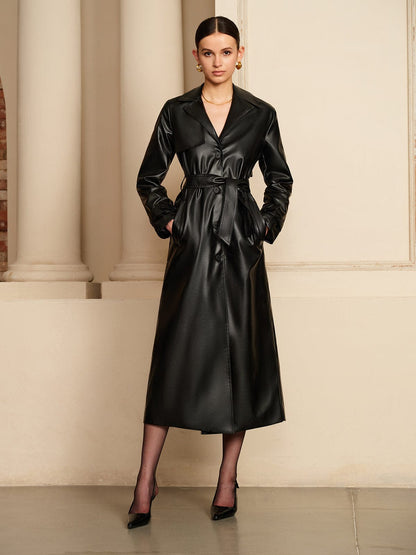 Dames Trenchcoat Imitatieleer Zwart Lange Jas
