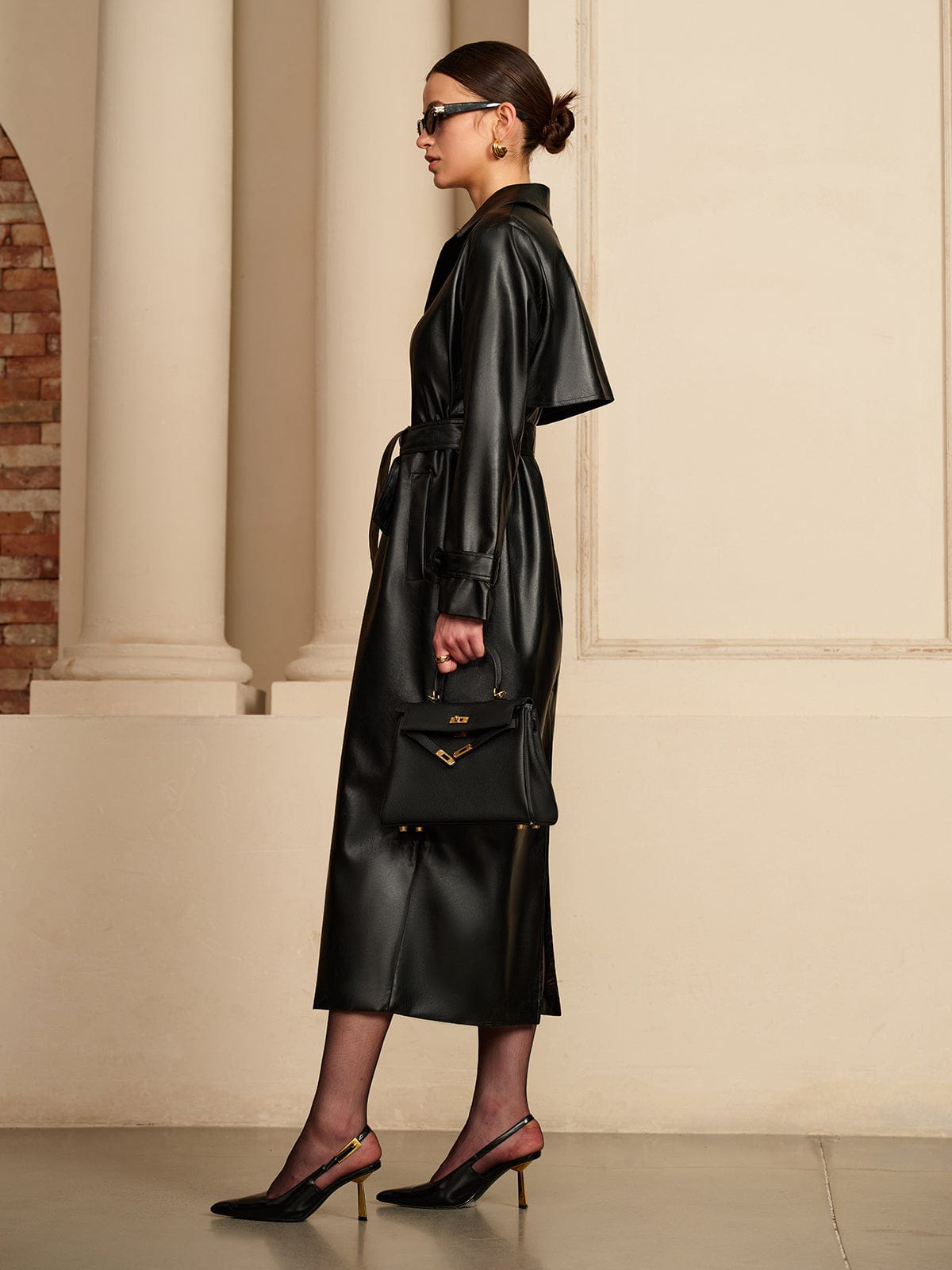 Dames Trenchcoat Imitatieleer Zwart Lange Jas