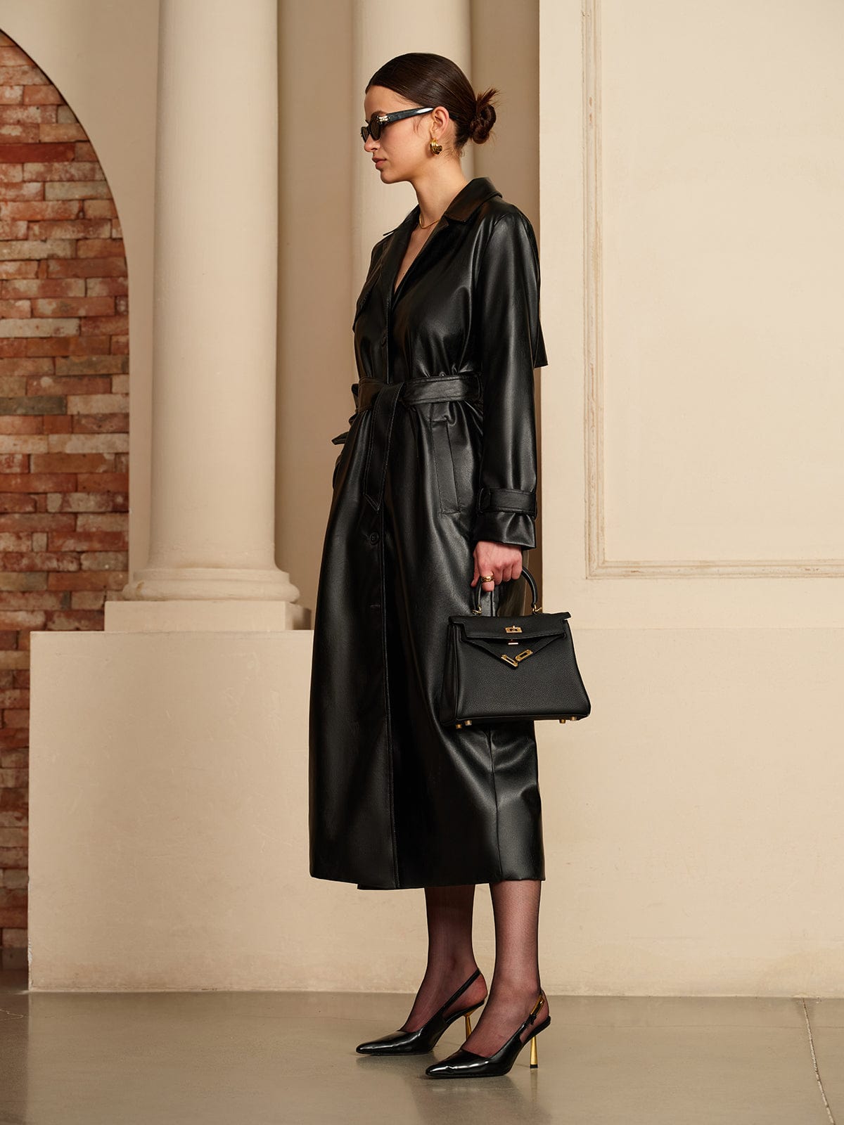 Dames Trenchcoat Imitatieleer Zwart Lange Jas