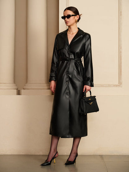 Dames Trenchcoat Imitatieleer Zwart Lange Jas - StudioMarella