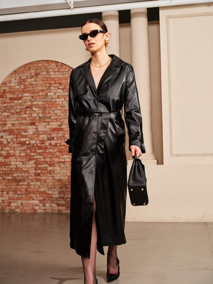 Dames Trenchcoat Imitatieleer Zwart Lange Jas