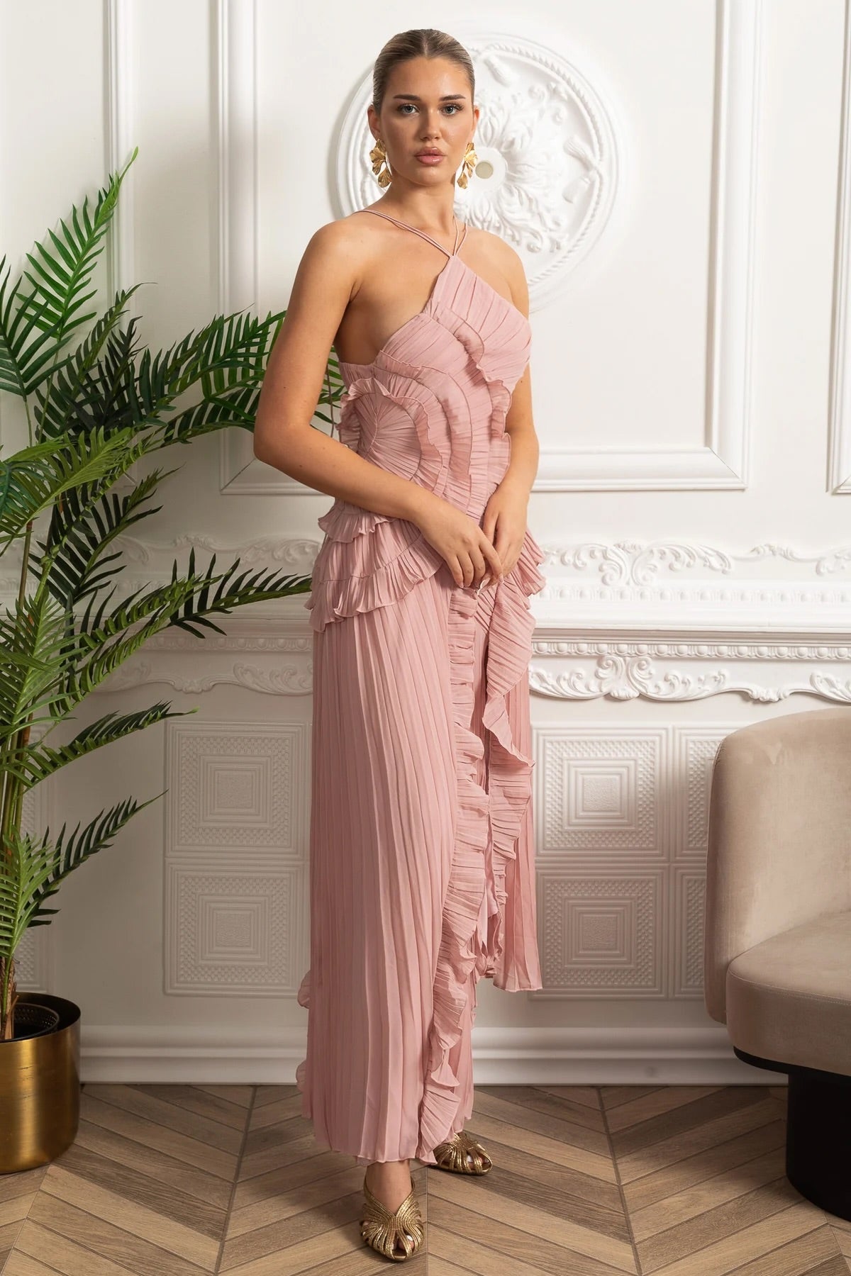 Midi Jurk Roze met Ruches en Plooien