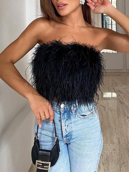 Feestelijke Bandeau Top van Wol en Polyester met Veren
