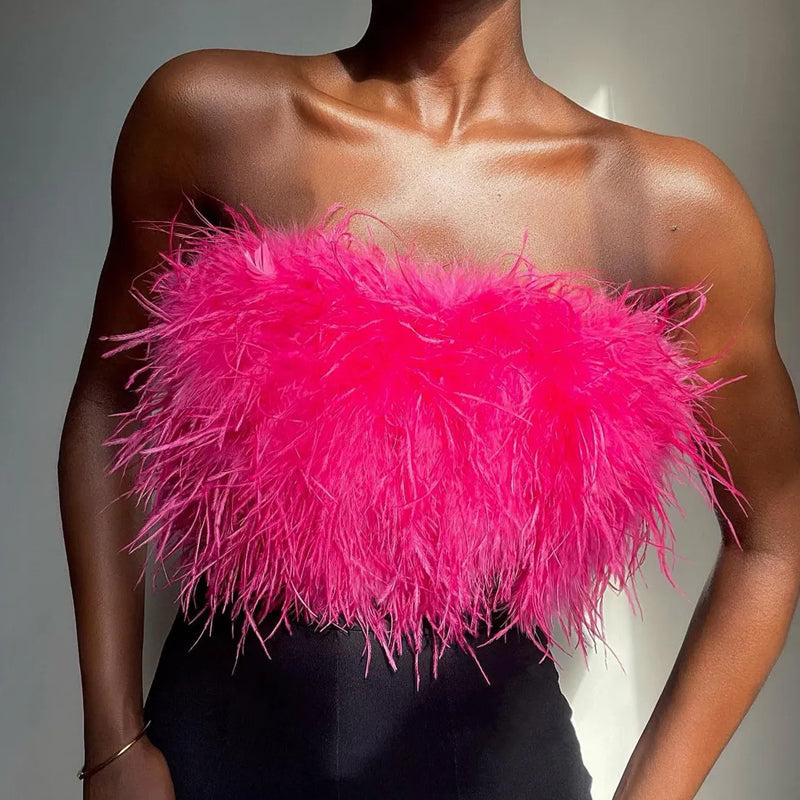 Feestelijke Bandeau Top van Wol en Polyester met Veren