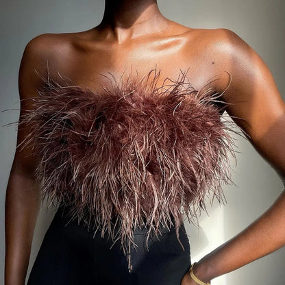Feestelijke Bandeau Top van Wol en Polyester met Veren