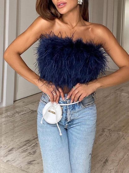 Feestelijke Bandeau Top van Wol en Polyester met Veren