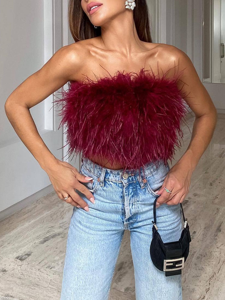 Feestelijke Bandeau Top van Wol en Polyester met Veren