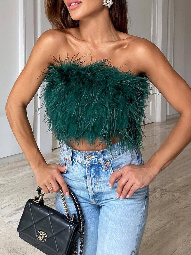 Feestelijke Bandeau Top van Wol en Polyester met Veren