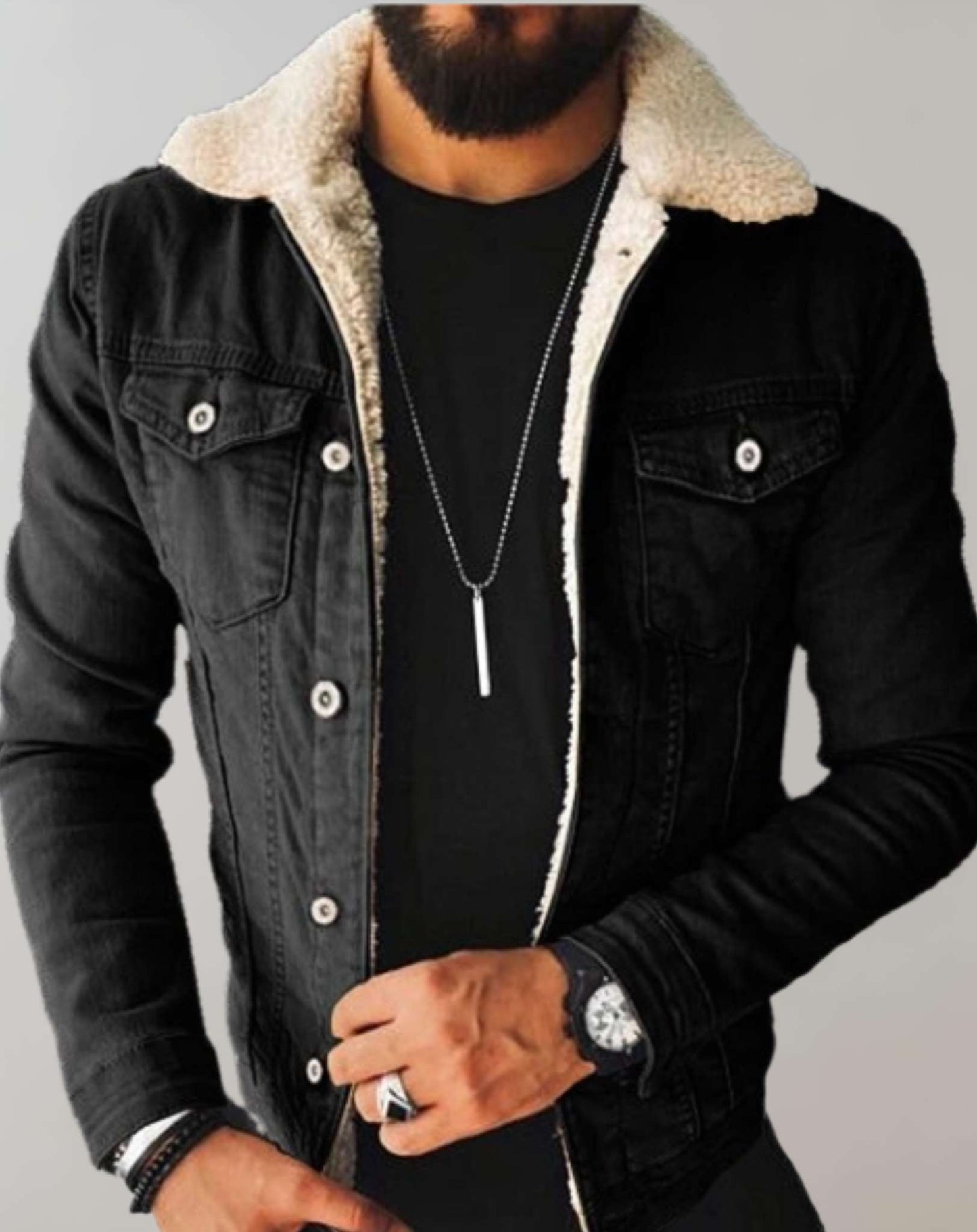Heren Denim Jas Fleece Kraag Meerdere Zakken
