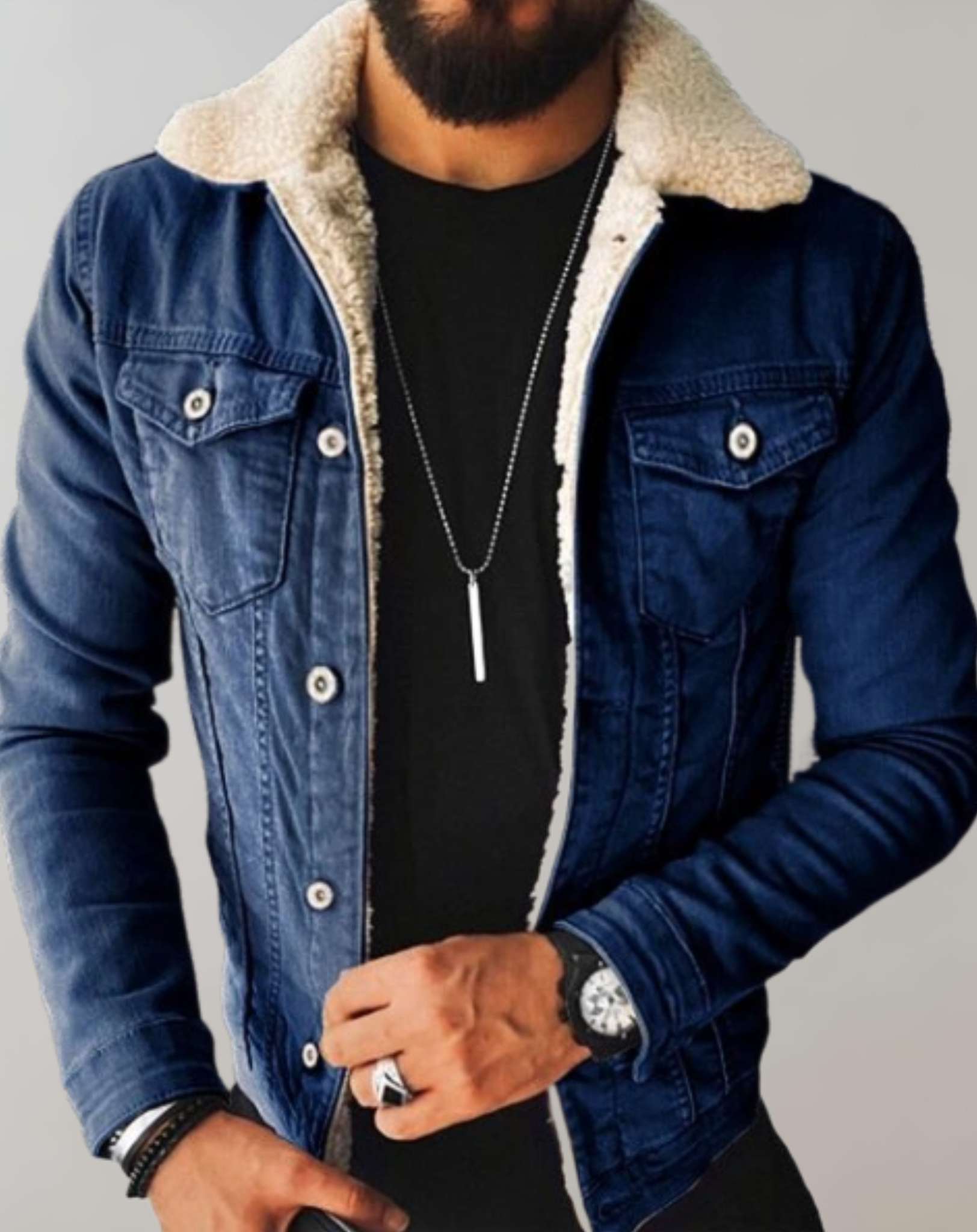 Heren Denim Jas Fleece Kraag Met Meerdere Zakken - StudioMarella