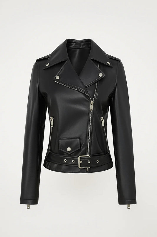 Leren Jas Dames Biker Stijl Met Ceintuur en Zilveren Detail - StudioMarella