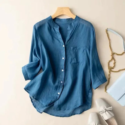 Dames Blouse Katoen Lichte Kleur V-Hals Stijlvol - StudioMarella