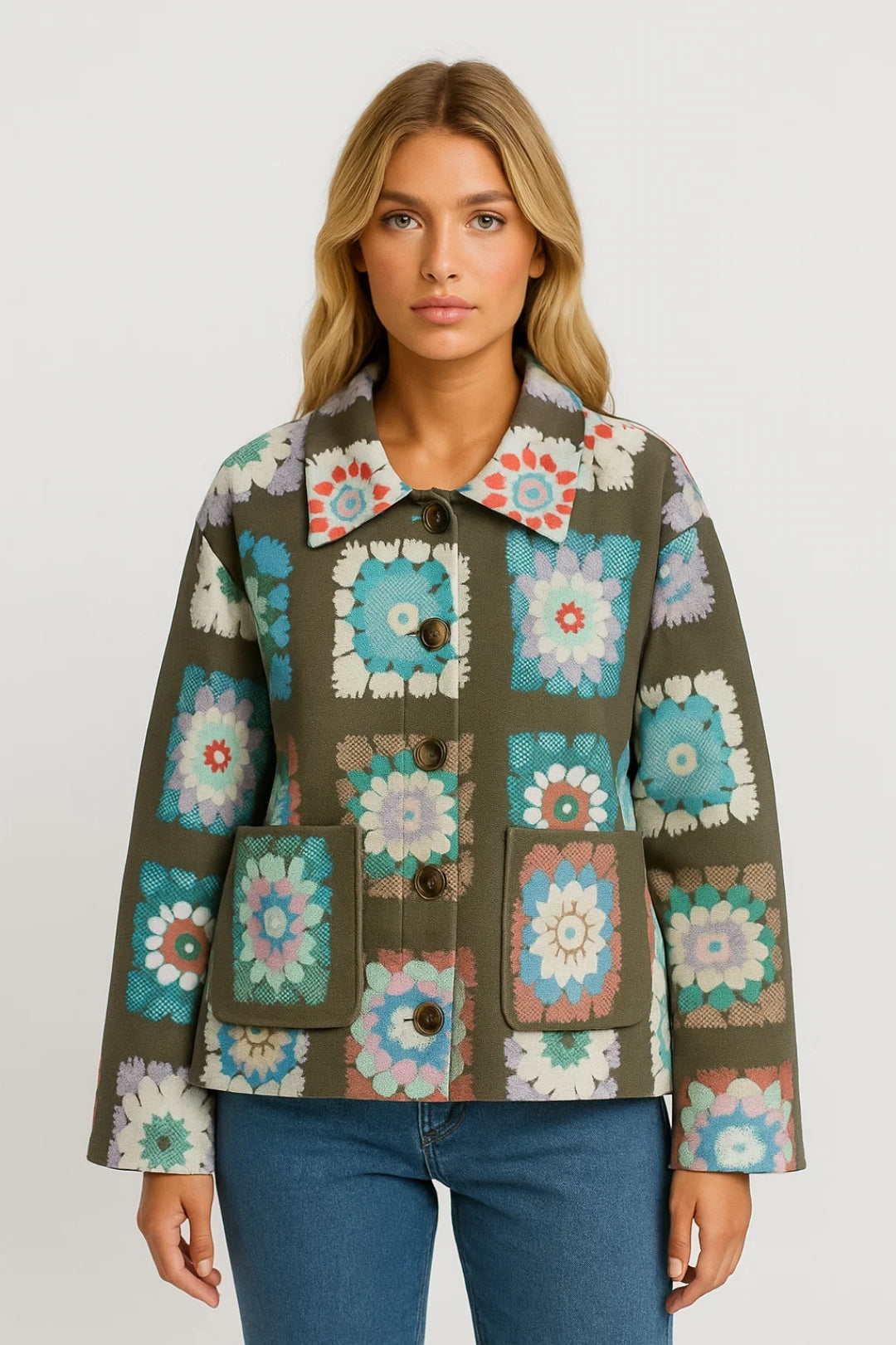 Korte Bloemenjas Dames Revers Kraag Casual Stijl